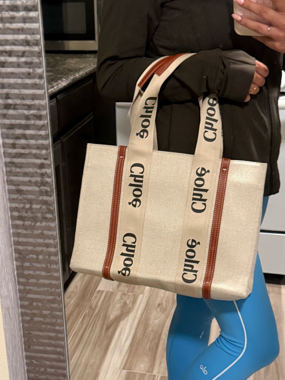 Beige Chloe Branded Canvas Tote with Brown Leather Trim